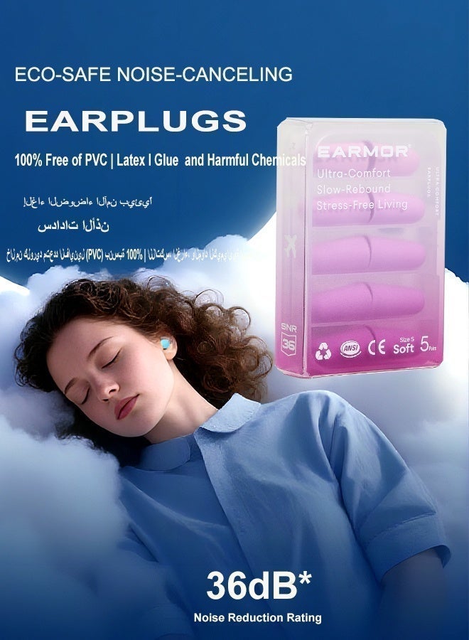 EARMOR E01 Purple Sleep Earplugs (5 Pairs), SNR 36 dB, 60s SlowRebound Foam, SideSleeper Comfort, Latex & PVC Free, LowOdor, Compact Case, S/M Dual Sizes 36dB CE Certified Classic Disposable Noise Reduction Foam Soft comfortable industrial Safety Earplugs Six Colors to Chose - Image 2